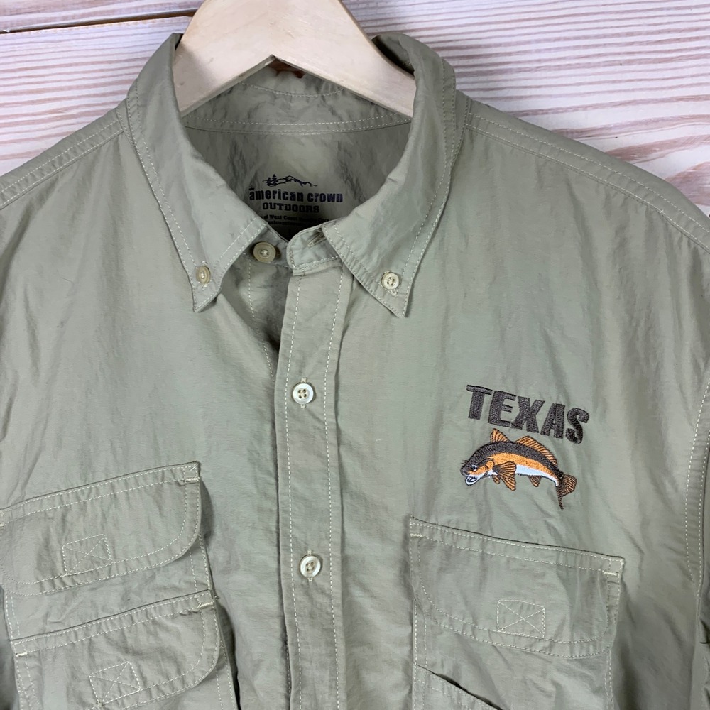 American Crown Fishing‎ Shirt Men Large Tan Short Sleeve Texas Redfish